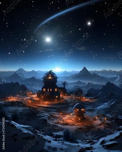 Fantasy alien planet. Mountain and nebula. 3D illustration