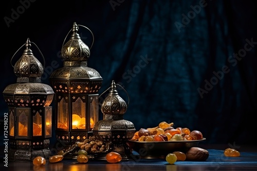 Dates Aladdin lamps and Arabic lanterns, copy space - generative ai