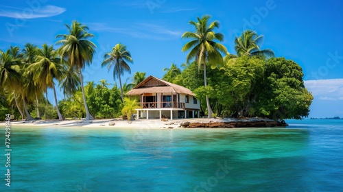 Beautiful view of island Beach  palm trees  clear sky. View of paradise beach. Exotic tourism  relaxing in the sea