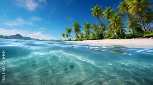 Panoramic view of tropical beach with palm trees and transparent water