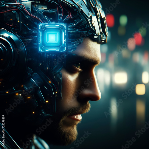 Science and Technology, sci-fi futuristic scene, man head, brain and computer chip