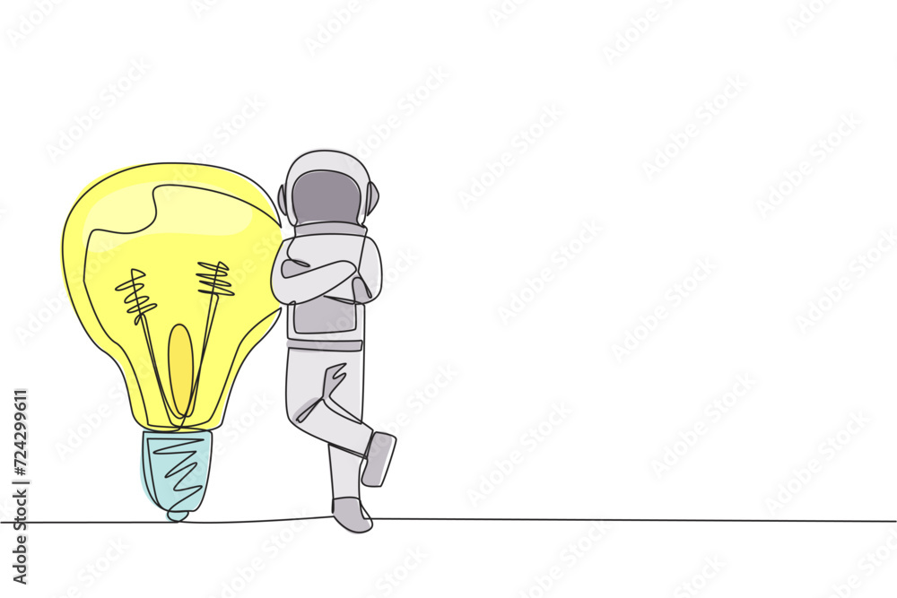 Single one line drawing young astronaut lean on giant lightbulb. Have ...