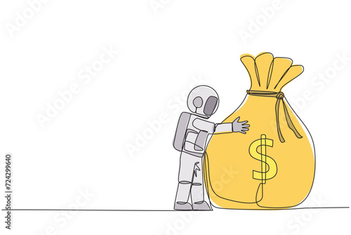 Single continuous line drawing young energetic astronaut hugging big money bag. Got very big profits from expeditionary travel into space. Cosmic galaxy deep space. One line design vector illustration