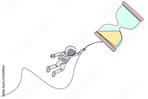 Single continuous line drawing astronaut holding on to flying hourglass. Natural fly. Fly free. Anti gravity. Cosmic galaxy deep space. Cosmonaut and spaceflight. One line design vector illustration