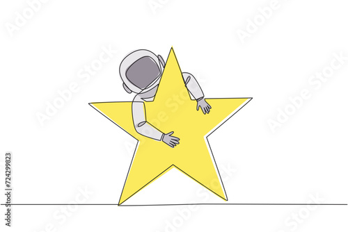 Continuous one line drawing young energetic astronaut hugging huge star. Received a star award after making several expeditions to the surface of the moon. Single line draw design vector illustration