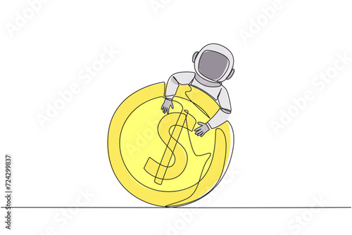 Single one line drawing astronaut hugging dollar sign coin. Not only finding water, astronaut also found coins while on expeditions on the moon's surface. Continuous line design graphic illustration