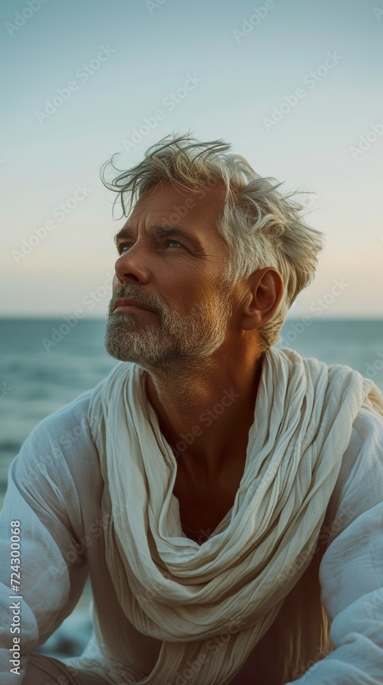 Illustration of a mature man of approximately 50 years looking at the ocean. Sensual man sitting on the beach wearing a white bohemian outfit with white hair and small wrinkles. Illustration of a mature man of approximately 50 years looking at the ocean. Sensual man sitting on the beach wearing a white bohemian outfit with white hair and small wrinkles.