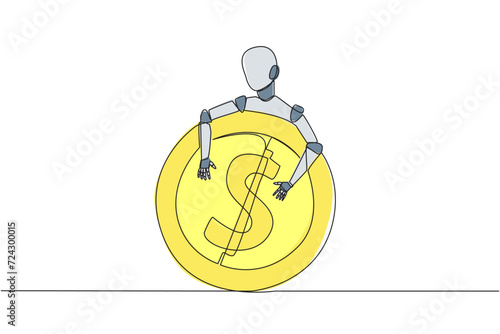 Continuous one line drawing robot hugging coin sign dollar. Insert coin into the back of the robot, then it will fulfill all your wishes. Future technology. Single line draw design vector illustration