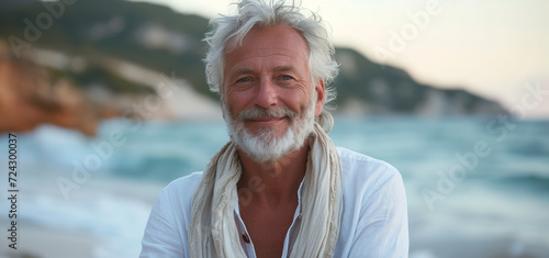Illustration of a mature man of approximately 50 years looking at the ocean. Sensual man sitting on the beach wearing a white bohemian outfit with white hair and small wrinkles. photo