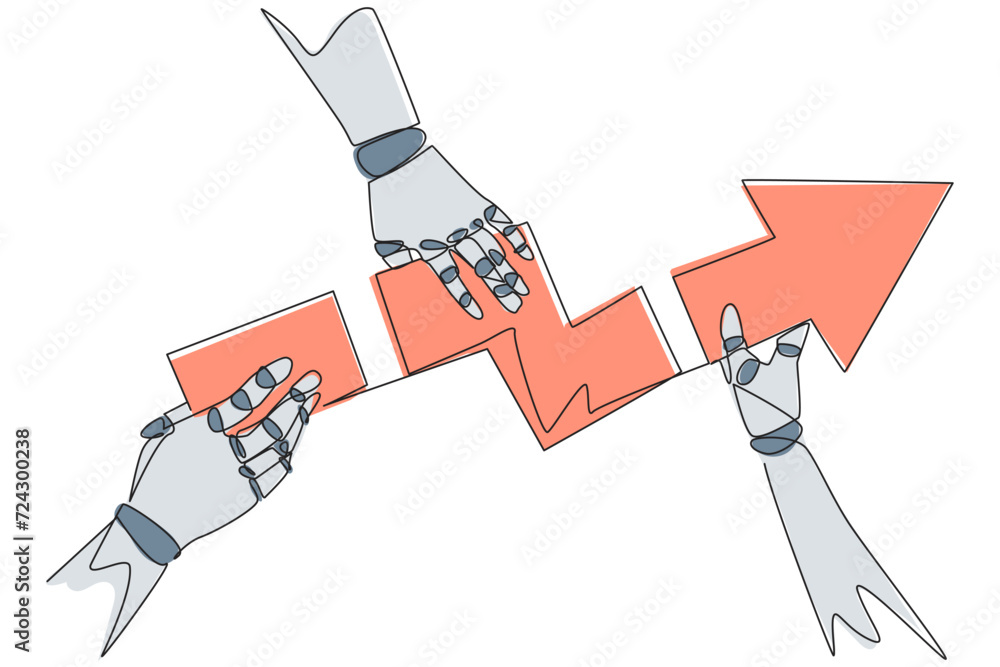 Single one line drawing three robotic hands each holding a directional arrowhead. Do teamwork so that the pieces become whole. Artificial intelligence. Continuous line design graphic illustration Single one line drawing three robotic hands each holding a directional arrowhead. Do teamwork so that the pieces become whole. Artificial intelligence. Continuous line design graphic illustration
