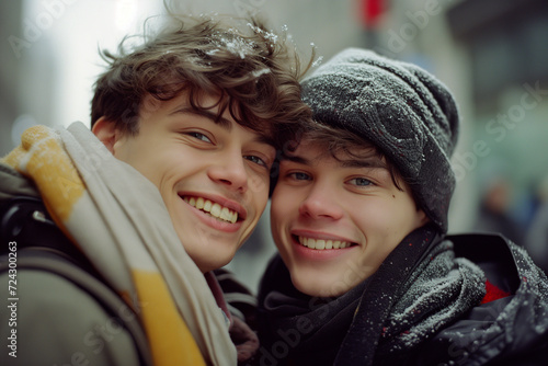 young gay couple teenagers in the snow winter hugging bright smile cheerful coat hat scarves beautiful happy bond complicity love happiness lgbt relationship diversity teens portrait playful