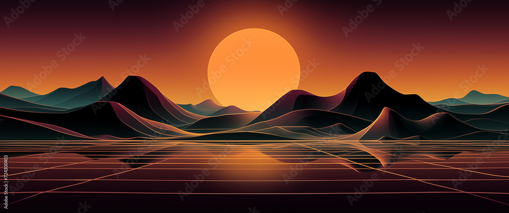 background sunset in mountains lake illustration drawing, glowing light dark landscape, orange sun in sky green black, futuristic, lines dawn wallpaper, intense color reflection big dreamlike magic