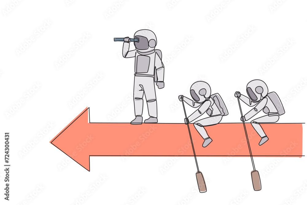 Single continuous line drawing 3 astronauts ride arrows. Teamwork with two of them rowing, the rest standing up using binoculars. Cosmic galaxy outer space concept. One line design vector illustration