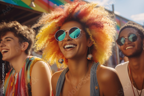 group of people having fun black caucasian laughing colorful happy girl guy sunglasses smiling young woman party multicolor dyed hair beautiful joy sun rainbow youth friendship outdoors summer diverse