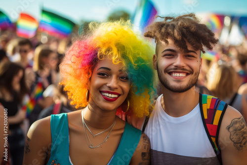 young people having fun at a summer music festival, concert brown black girl guy, smiling happy queer, rock party multicolor dyed hair beautiful joy sun rainbow crowd youth group friendship outdoors