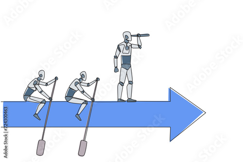 Continuous one line drawing three robots ride arrows. Teamwork with two of them rowing, the rest standing up using binoculars. Future tech development. Single line draw design vector illustration