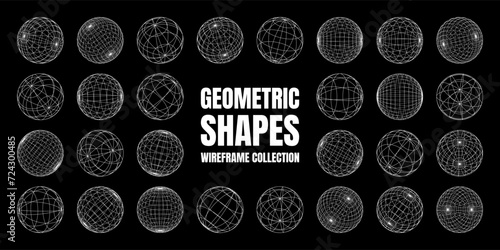 Wireframe shapes, lined sphere. Perspective mesh, 3d grid. Low poly geometric elements. Retro futuristic design elements, y2k, vaporwave and synthwave style. Vector illustration