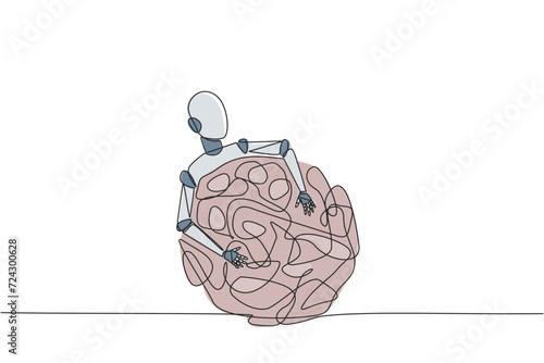Single one line drawing robot hugging tangled circle. It's a long process that makes anxiety to succeed of making the perfect robot. Future technology. Continuous line design graphic illustration