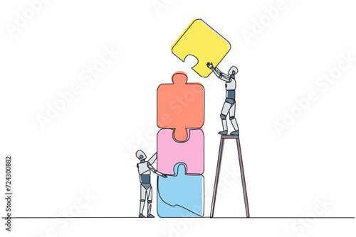 Continuous one line drawing two robots putting together a puzzle. One of the two climbs up the ladder to make a puzzle arrangement of four. Teamwork robots. Single line draw design vector illustration