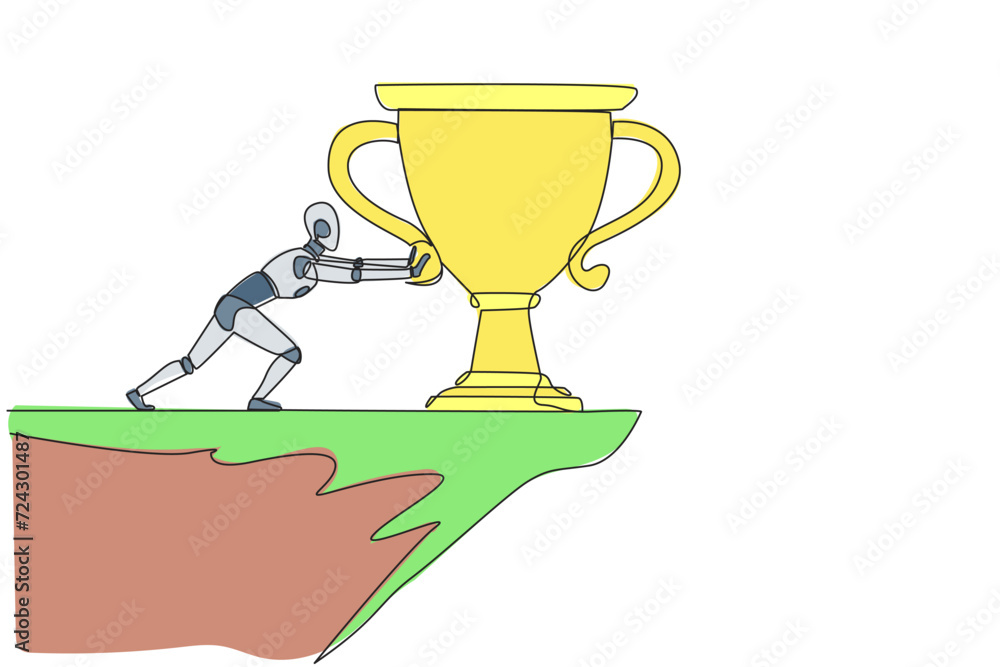Single one line drawing robot pushes the giant trophy from the edge of ...