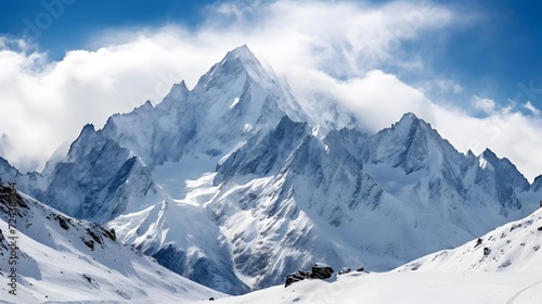 Panoramic view of the snow-capped mountains of the Caucasus