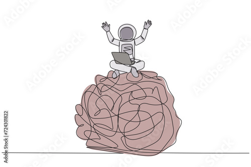 Single continuous line drawing young astronaut sitting on giant tangled circle holding laptop raise both hands. Sign of giving up. Homesick. Cosmonaut deep space. One line design vector illustration