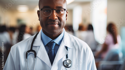 Multicultural doctor, stethoscope, diverse ethnicities, hospital setting, blurred background photo