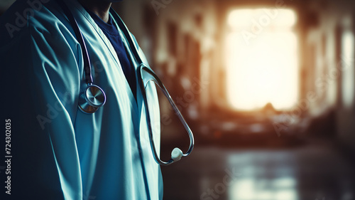 Unrecognized doctor with stethoscope in hospital, varied ethnicities, blurred background,empty space