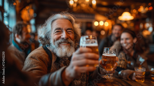 A cozy, traditional Irish pub with a group of friends gathered around, raising their glasses for a toast. The scene is lively, with rustic wooden interiors and Celtic music in the background photo