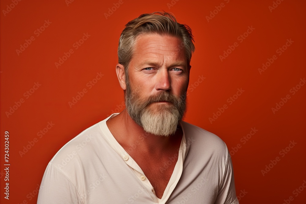 Portrait of handsome mature man with beard and mustache on red background. Portrait of handsome mature man with beard and mustache on red background.