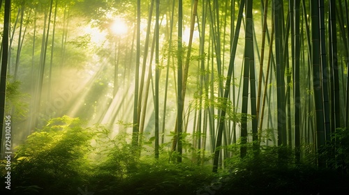 Panoramic view of a green forest with sunlight passing through the trees