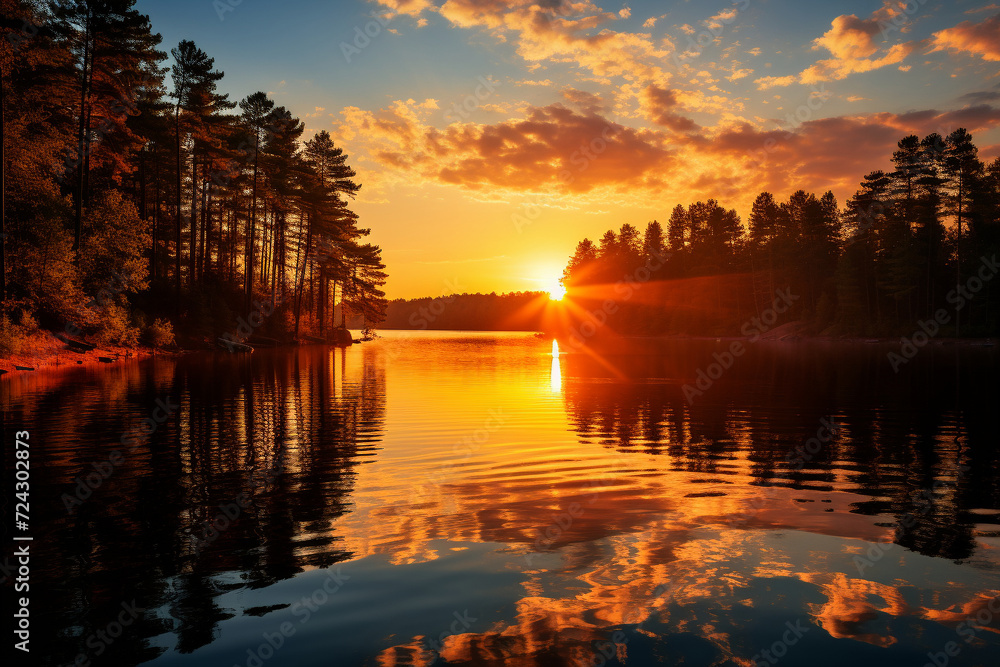 A serene image of a gold-covered sunset reflecting on a calm lake, symbolizing tranquility and wealth
