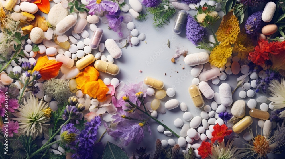 An overhead view of colorful flowers and various pills forming a circle, suggesting a blend of herbal and medical treatments.