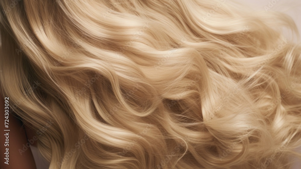 Naklejka premium Detailed close-up of shiny blond wavy hair showcasing texture and healthy haircare beauty.