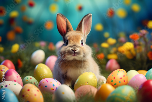 funny Easter bunny with eggs 3d art Happy Easter Day  Easter Eggs 3D Illustration  Easter Bunny Banner Easter happy background egg banner card holiday spring pattern rabbit Generative Ai
