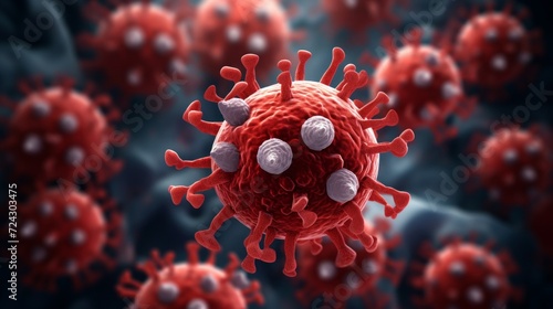 Microscopic close-up of a red virus with prominent spike proteins  illustrating infection and virology concepts.