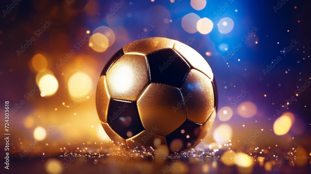 A golden soccer ball sits center stage on a shimmering backdrop, symbolizing prestige in sports.