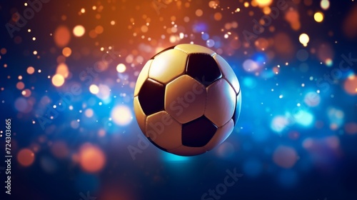 A classic black and white soccer ball illuminated against a backdrop with vibrant blue bokeh lights.