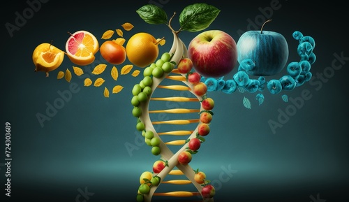 GMO food and Genetically modified crops or engineered agriculture concepts fruit and vegetables as a DNA strand photo