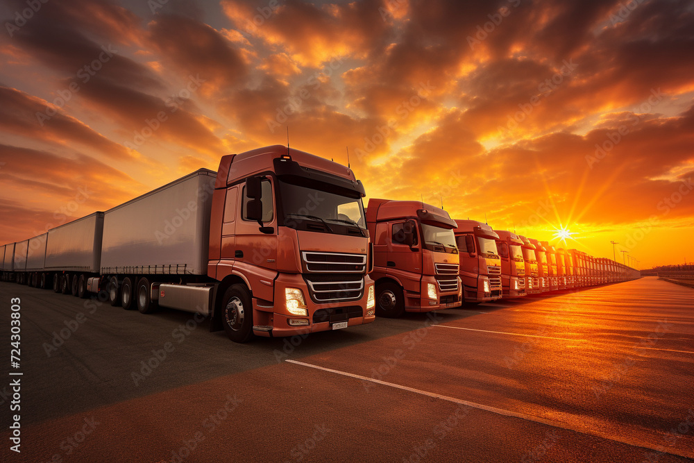 Radiant Sunrise with Parked Trucks