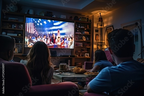 Family Watching Political Event on Television in Home Theater