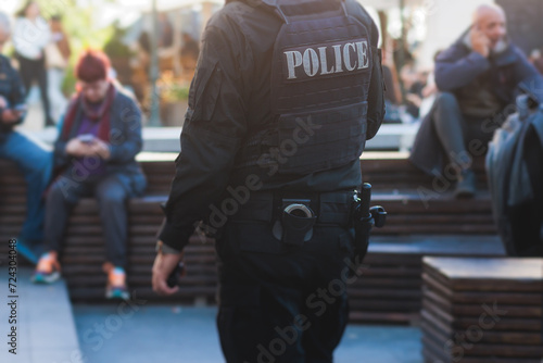 Police squad formation on duty maintain public order in the european city streets, group of policemen patrol  in body armor with "Police" logo on uniform, Europe, policeman in bulletproof vest