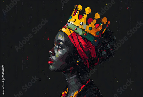Portrait of african american woman in a crown on a black background. Black history month. Black Lives Matter. Girl power. We can do it. Empowerment of women concept. Old grunge retro style