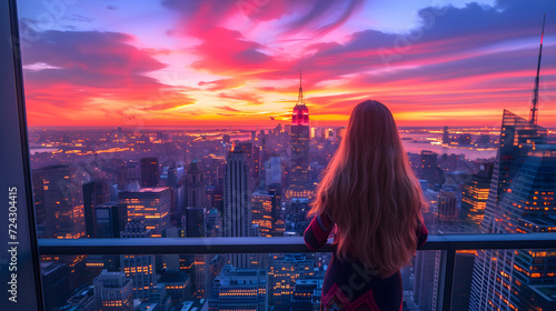 Rich woman enjoying the sunset on the balcony of luxury apartments in New York City. photo