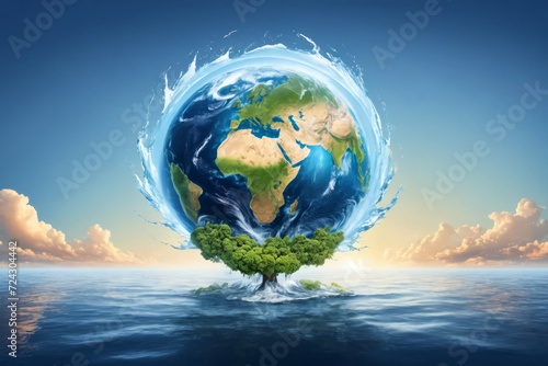 Illustration of huge tree emerging from the water and holding the Earth surrounded by infinite ocean and sky, with water surrounding the planet. Planet and nature care concept, Earth day