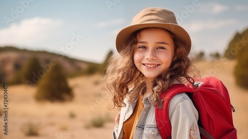 Portraite of a cute girl in a cap and with a backpack is resting in nature. Children's camp concept, space for text. Generative AI