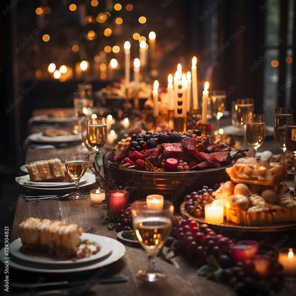 Wedding table in a rustic style with candles, fruits and wine