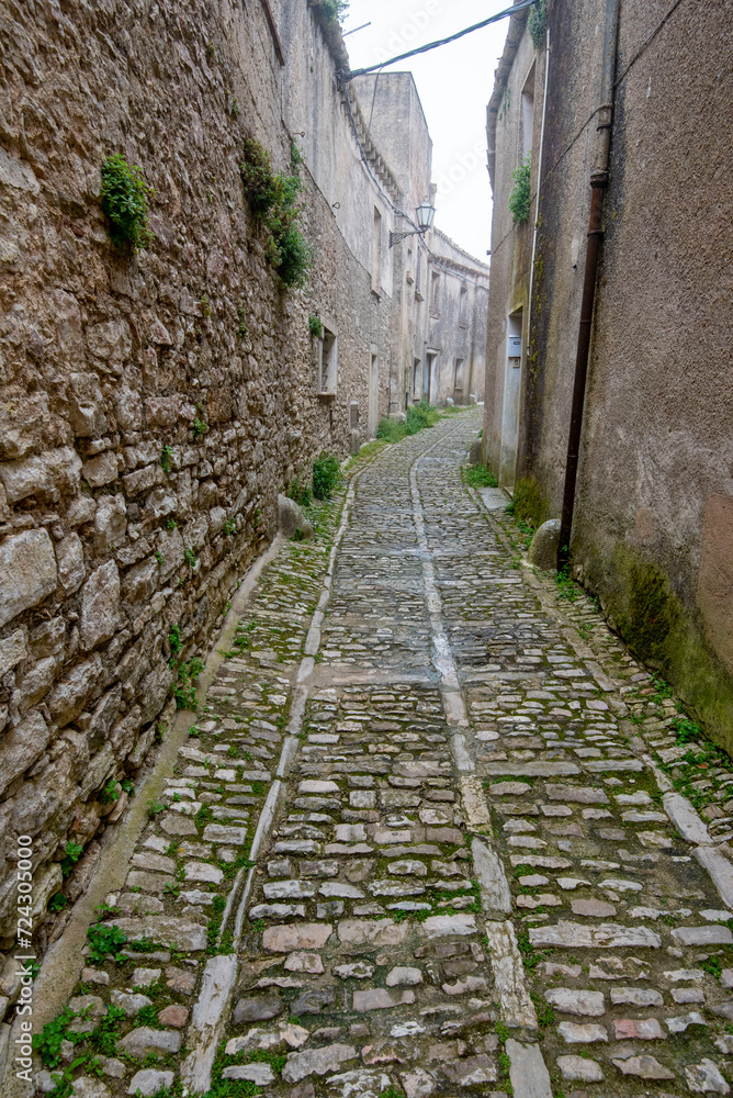 Pedestrian Cobblestone Street in Erice - Sicily - Italy Pedestrian Cobblestone Street in Erice - Sicily - Italy