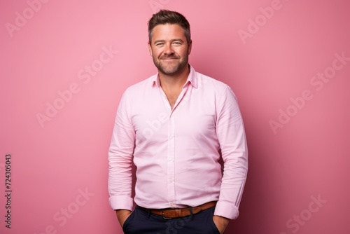 Portrait of a handsome man in a pink shirt on a pink background. © Iigo