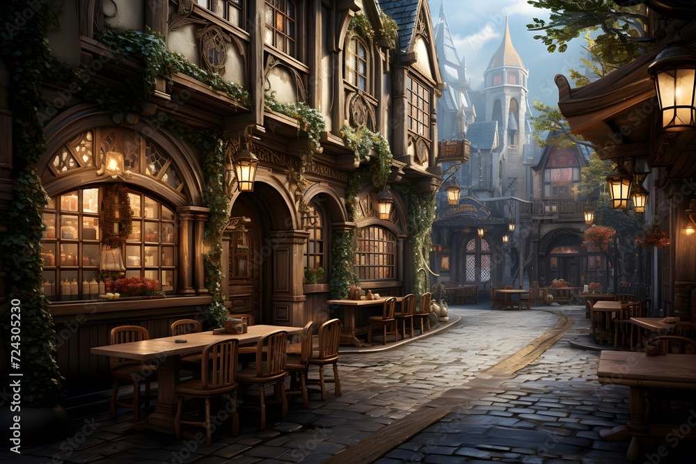 Street cafe in the old town at night. 3d rendering.